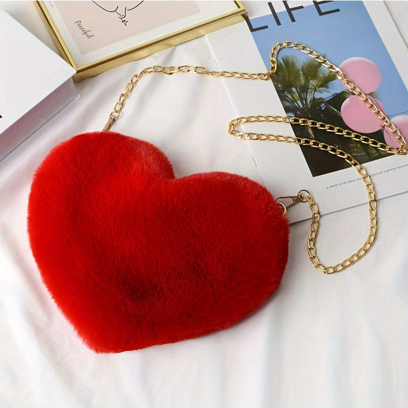 Heart-Shaped Fluffy Faux Fur Shoulder Bag Zipper Closure for Valentine's Day and Casual Use