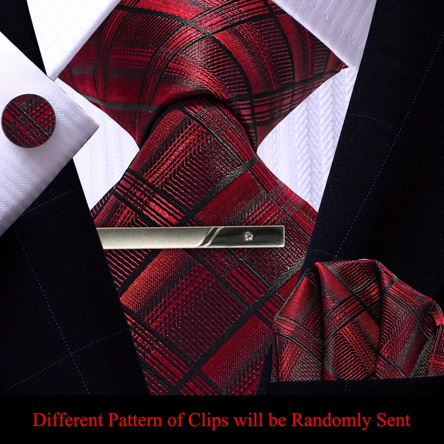 Men's Plaid Tie Pocket Square Cufflinks and Clip Set