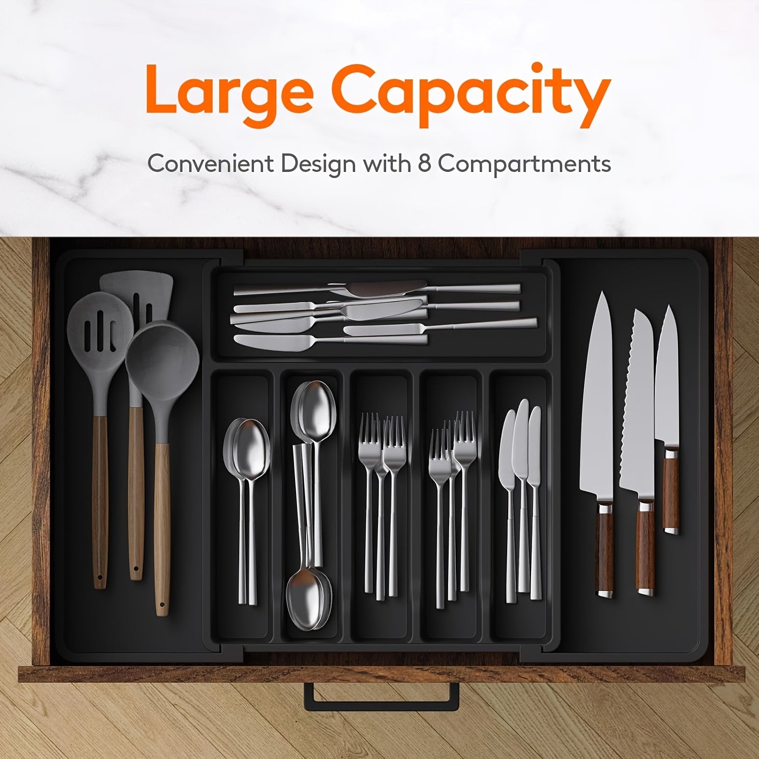 Large Expandable Kitchen Utensil Tray BPA-Free Plastic Silverware Drawer Organizer