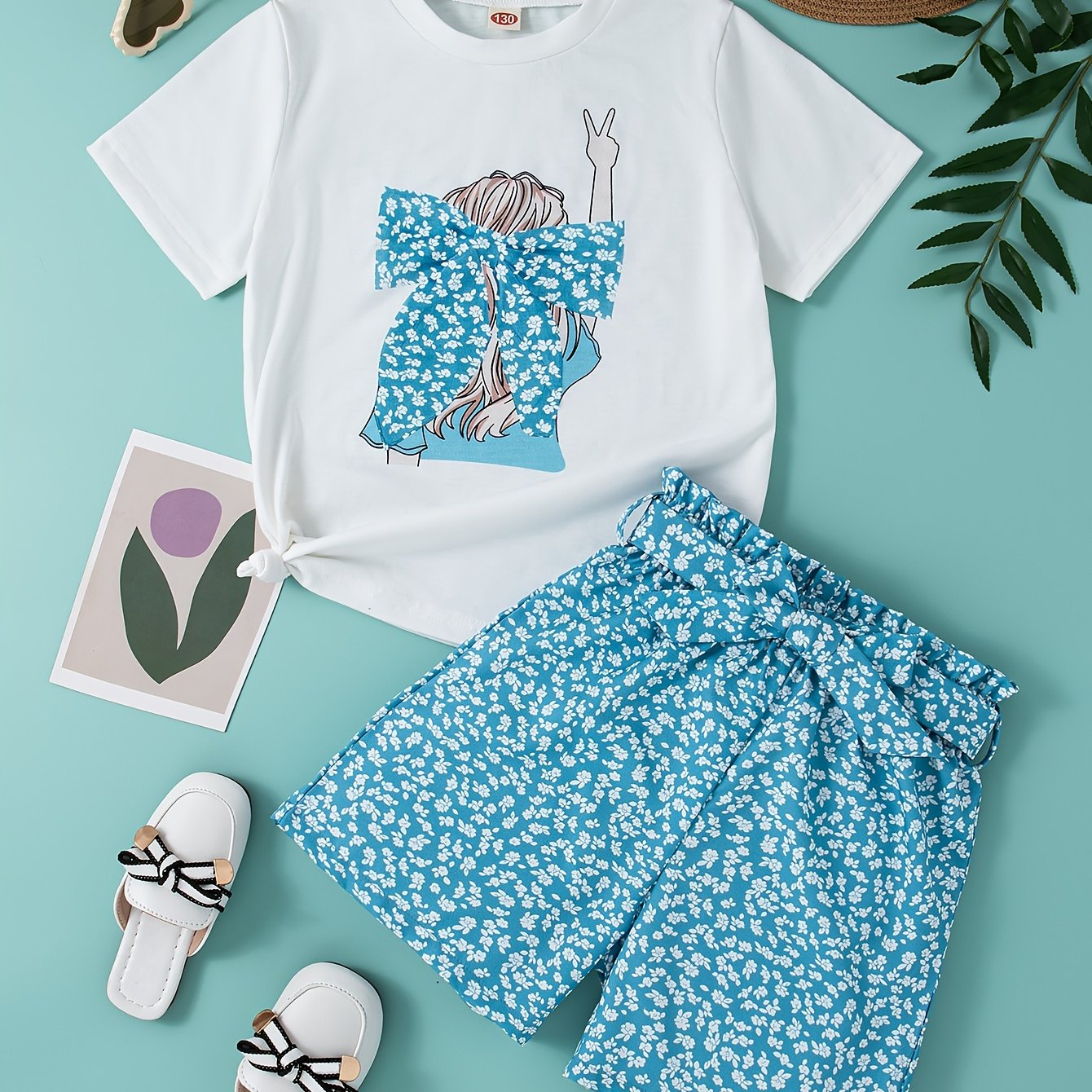 Girls Summer Outfit Set with Floral Shorts and Crew Neck Short Sleeve Top