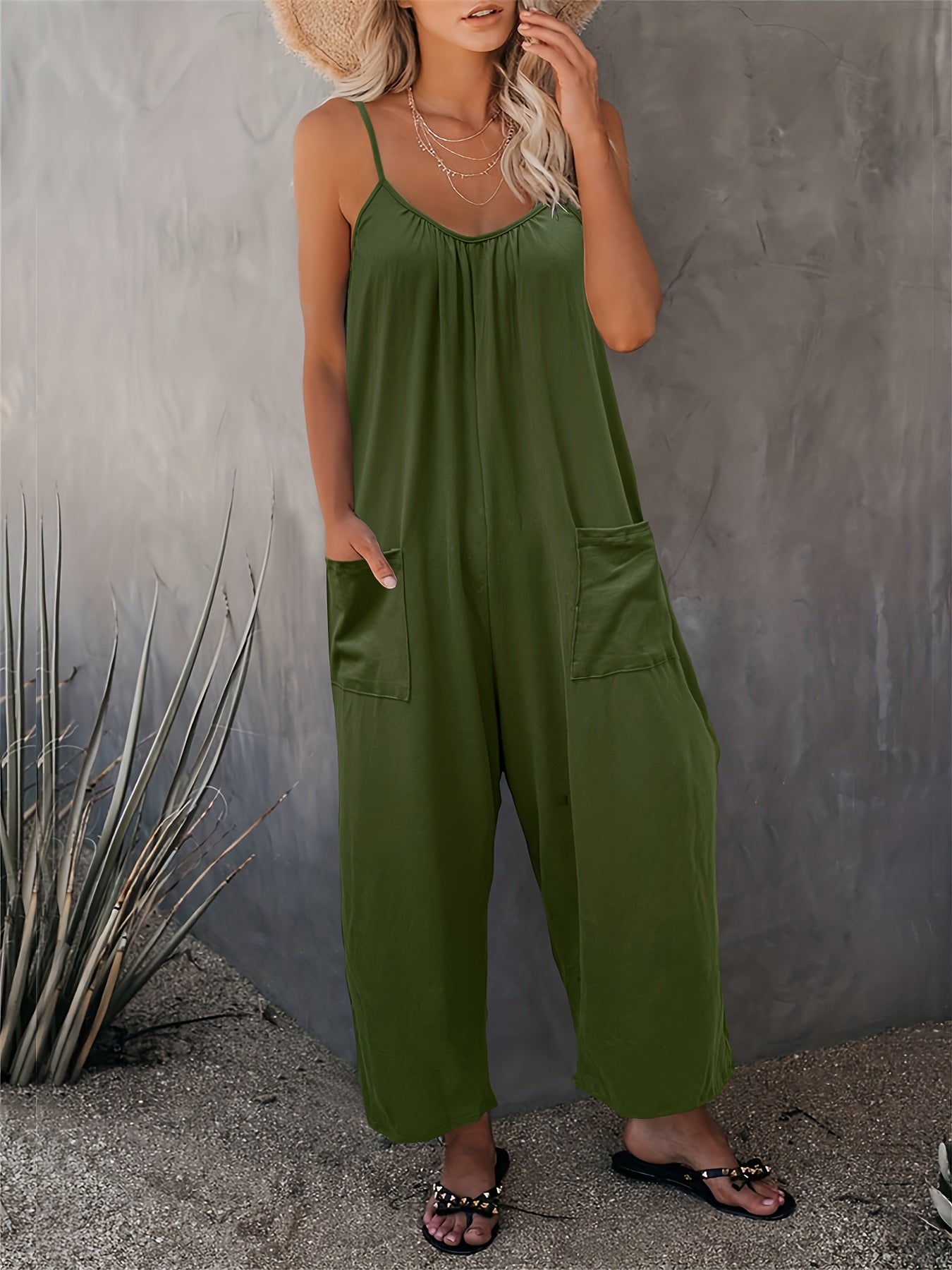 Plus Size Solid Ruched Cami Jumpsuit Sleeveless Casual Pocket Women