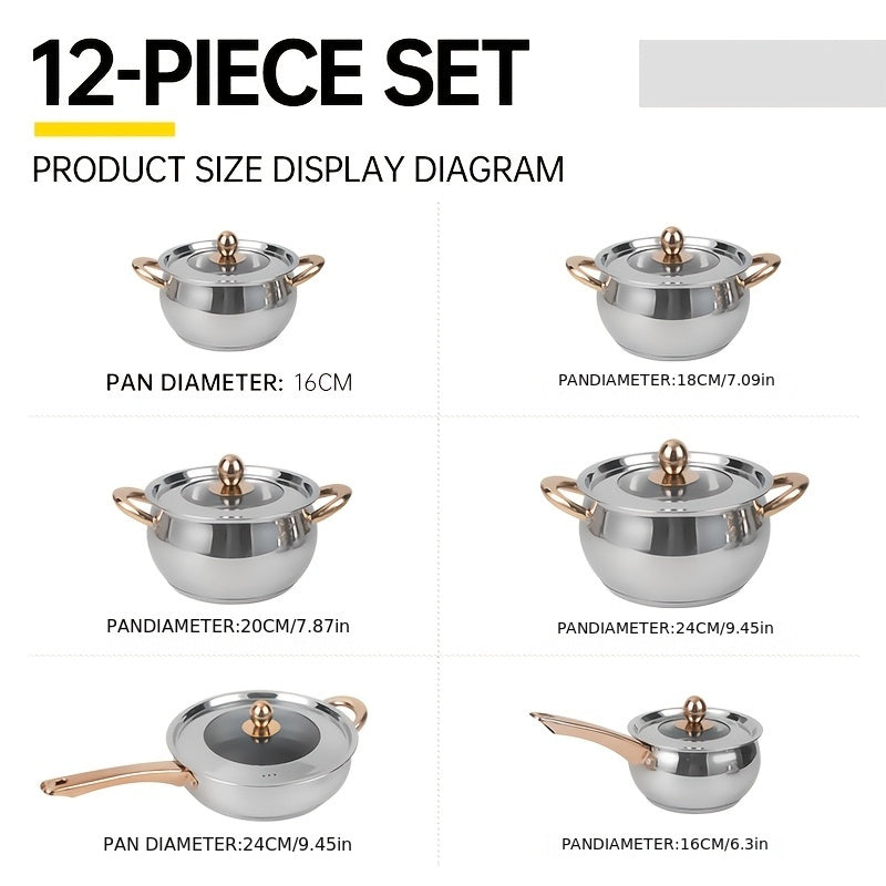 Zanglamaydigan po'latdan yasalgan sho'rva qozonlari to'plami, oltin tutqichlar bilan, qalinlashtirilgan konstruktsiya, olma shaklidagi idishlar