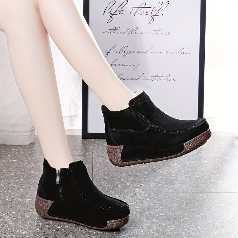 Women's Fleece-Lined Faux Leather Ankle Boots Brown Platform Winter