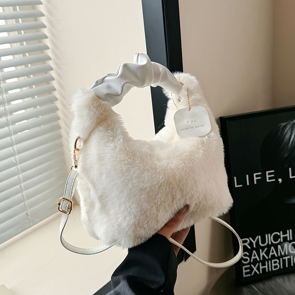 Faux Fur Crossbody Bag for Women Plush Zipper Closure Solid Color Autumn Winter