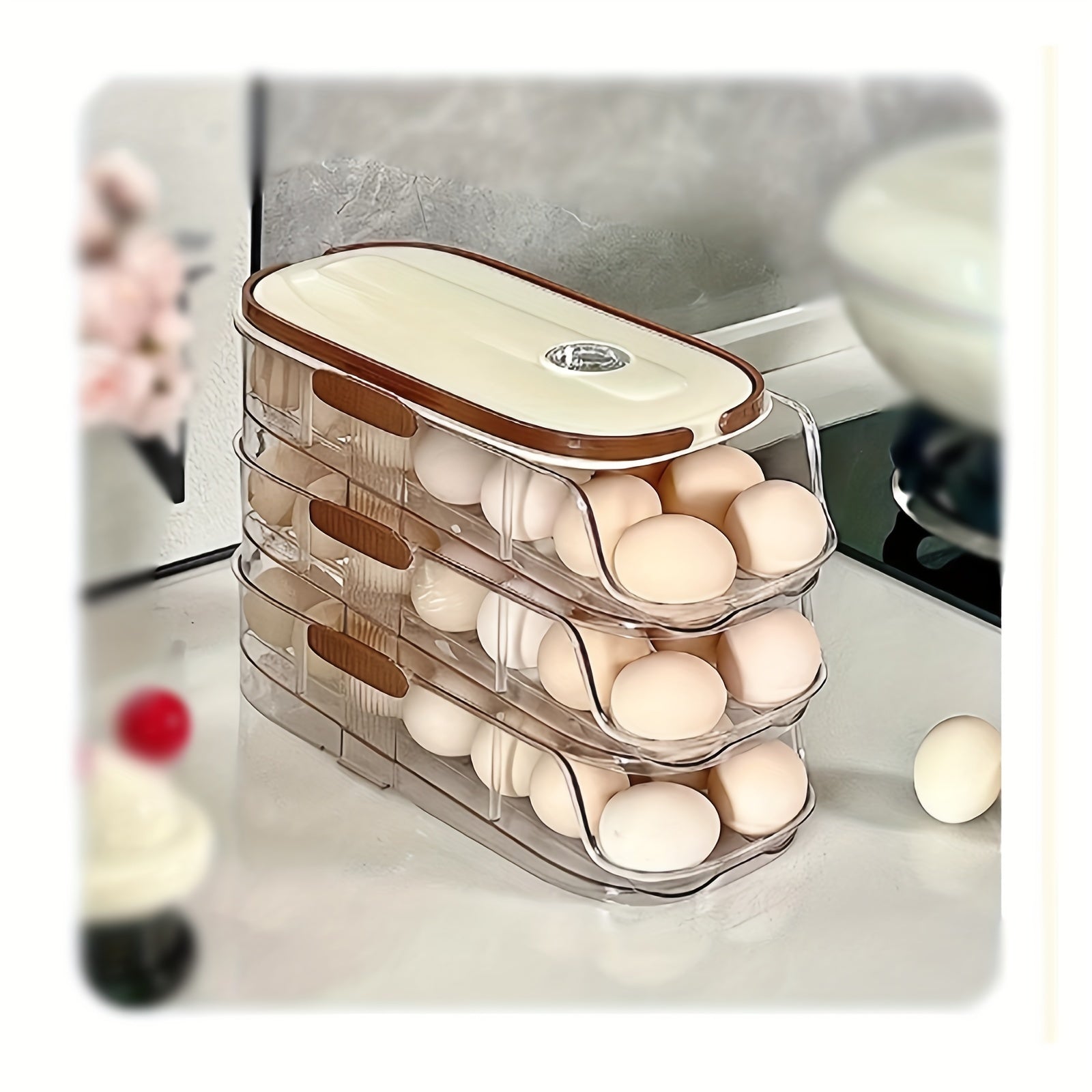 Organizador de bandeja para huevos de nevera dispensador de ahorro de espacio de múltiples capas de almacenamiento de cocina