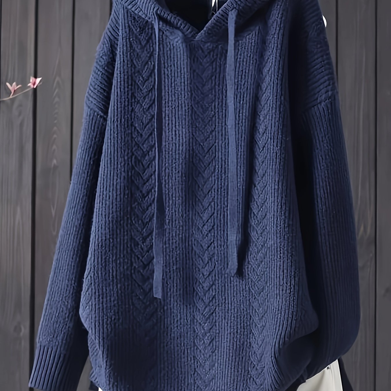 Women's Navy Blue Hooded Sweater with Drawstring and Ribbed Texture
