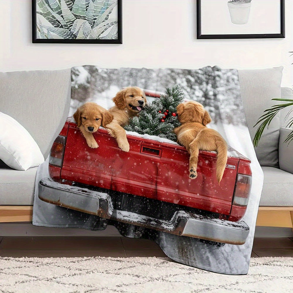 Flannel Fleece Throw Blanket with Cartoon Golden Retrievers and Red Truck Winter Theme Hypoallergenic Quilted Gift