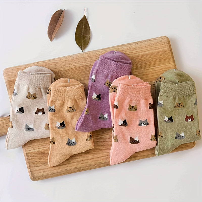 Women’s Cotton Cat Cartoon Socks 5 Pairs Mid-Calf Fall Winter Cozy Multi-Color