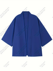 Yengil poliester yapon kimonosi kardigani erkaklar uchun mustahkam xantal sariq rangda, yarim yenglari va ochiq old qismi bilan. Yozgi tasodifiy kiyim uchun mos, yetuk estetikaga ega. O'z ichiga oladi