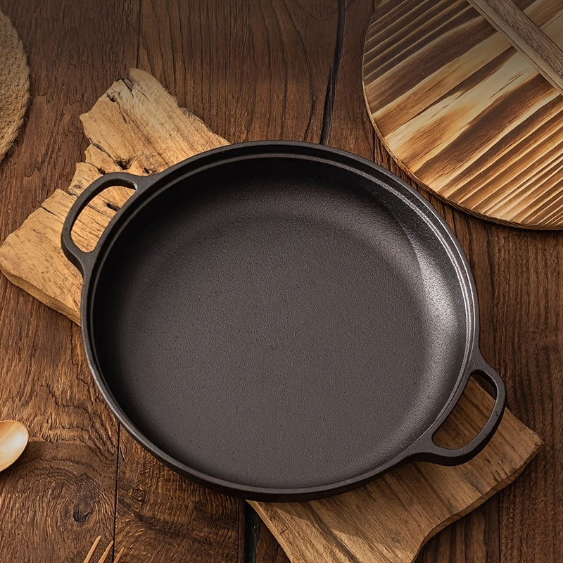 Cast Iron Double-Handled Skillet with Wooden Lid Non-Stick Cooking Pan for Gas and Induction