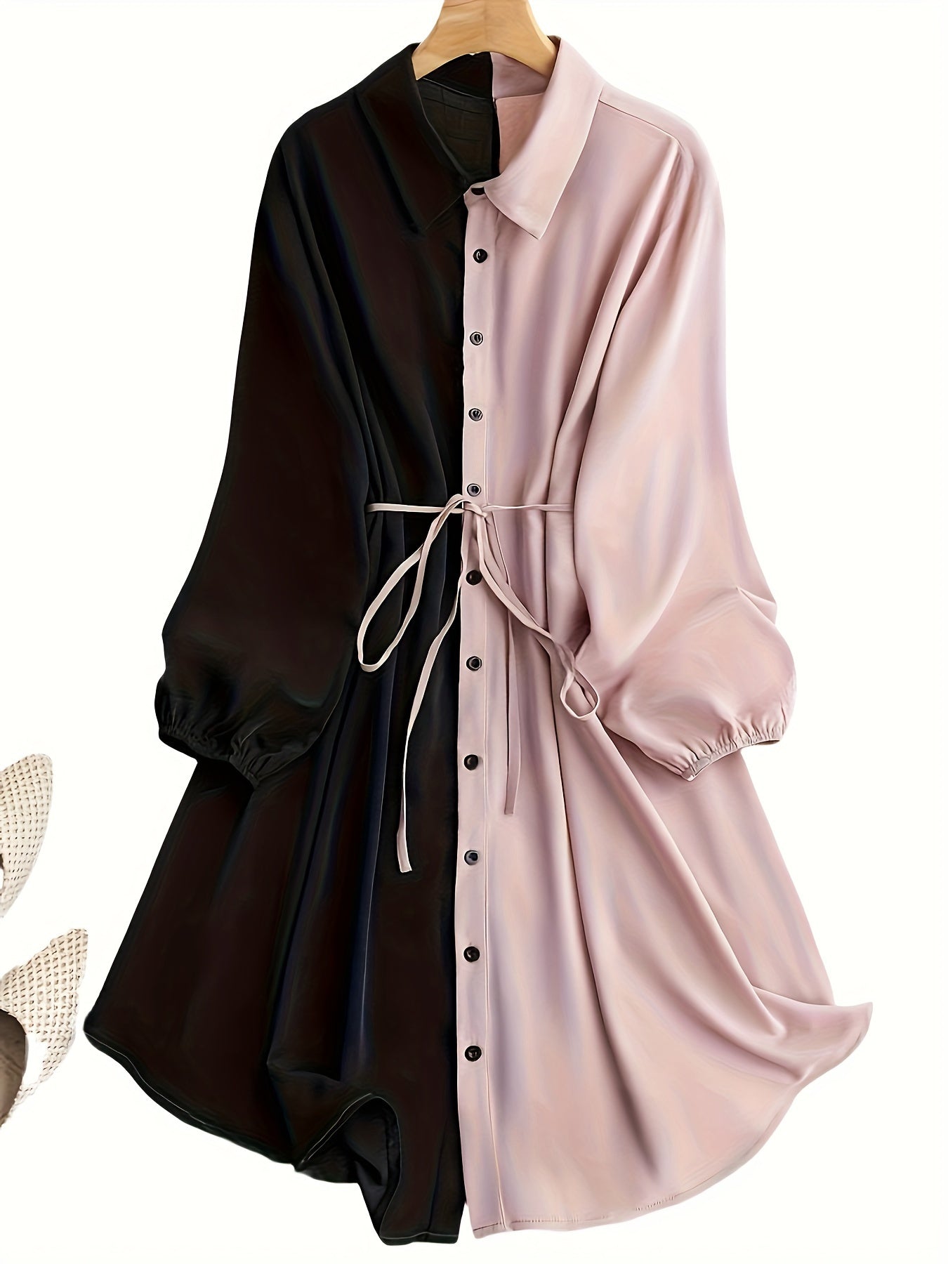 Women's Plus Size Color Block Shirt Dress with Drawstring Waist Long Sleeve Polyester