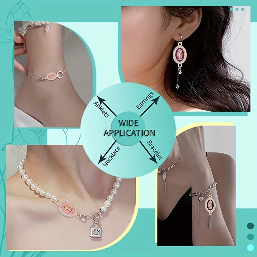 Set of 36 Enamel Virgin Mary Charms with Rhinestone Inlay for Jewelry Making and Easter Decorations