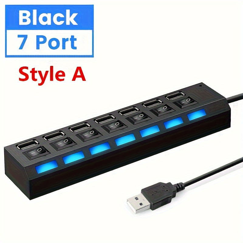 USB Hub with 4 or 7 Ports LED Light and Power Switch for PC Laptop
