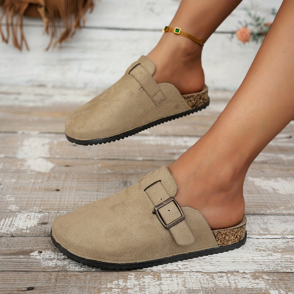 Women's Beige Fabric Slip-On Loafers with Adjustable Buckle