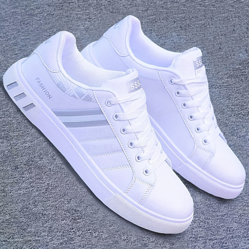 Men's White Lace-Up Sneakers Rubber Sole PU Upper Striped Casual Dress Shoes