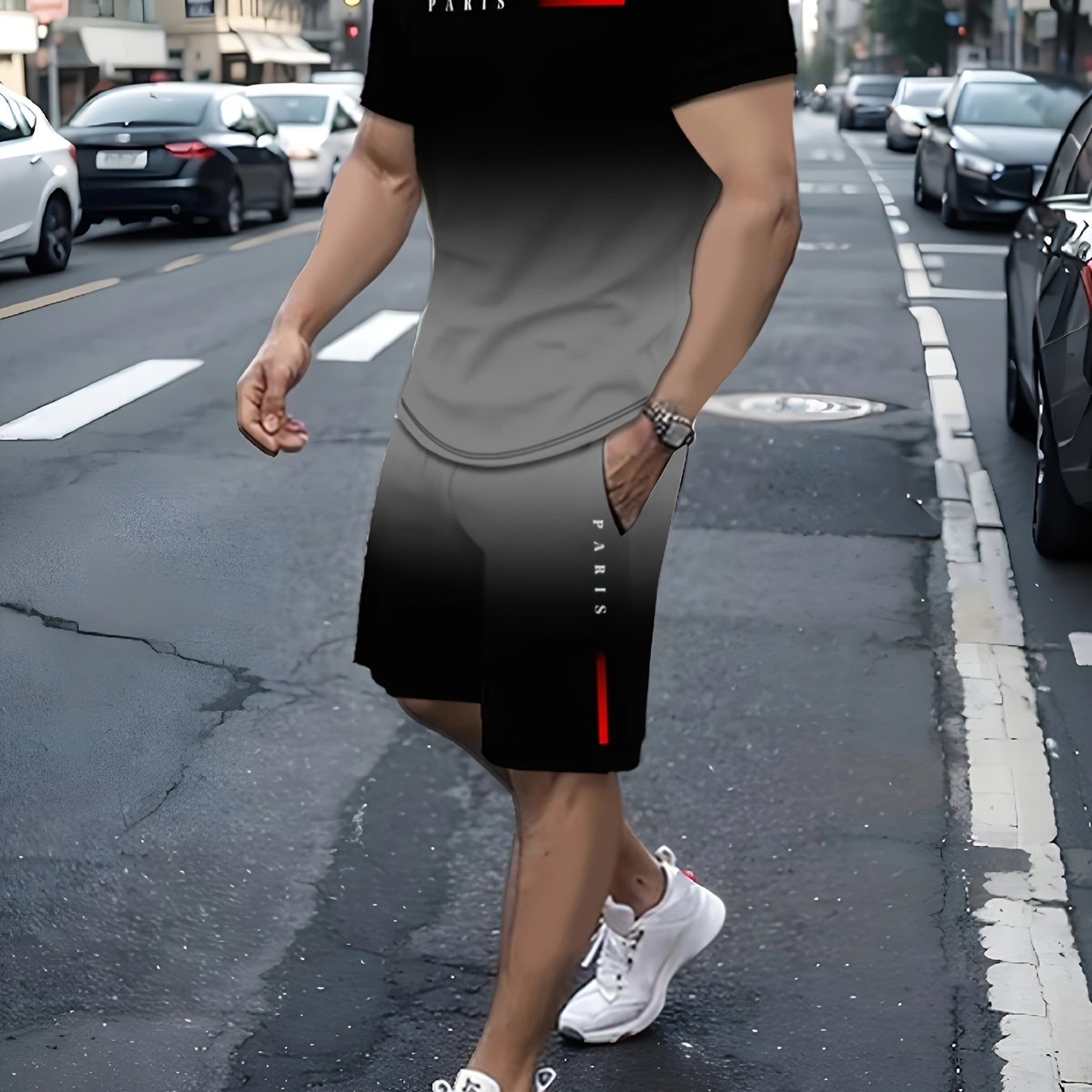 Men's Polyester T-Shirt and Shorts Set with Paris Letter Print All-Season Casual Wear