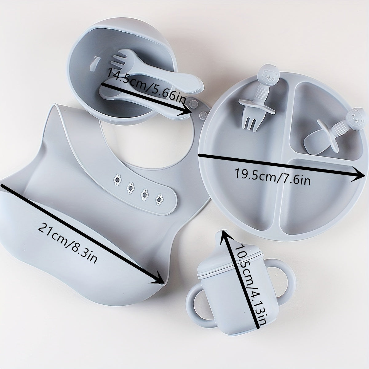 8pcs Silicone Baby Feeding Set Divided Plate Bowl Spoon Fork Bib Learning Cup for Toddlers