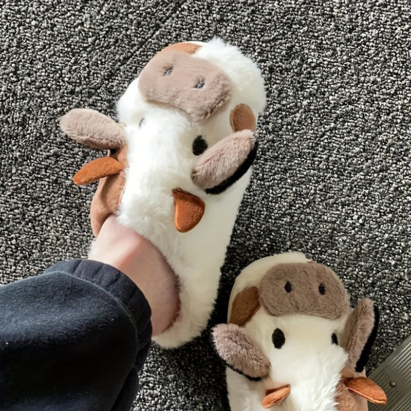 Women's Plush Cow House Slippers Closed Toe Fuzzy Indoor Shoes