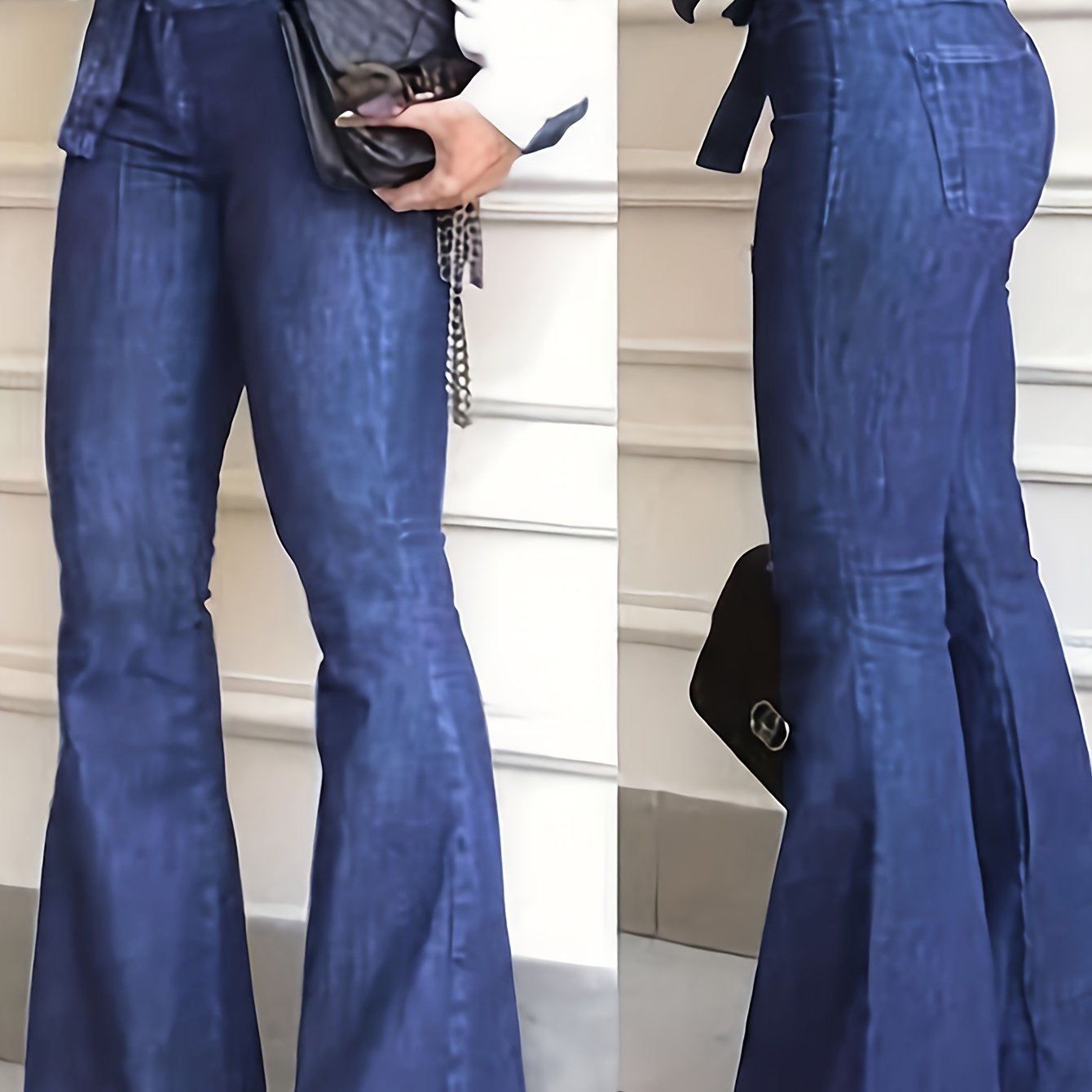 Women's Navy Blue High-Waist Flared Jeans with Stretch Denim and Tie Waist