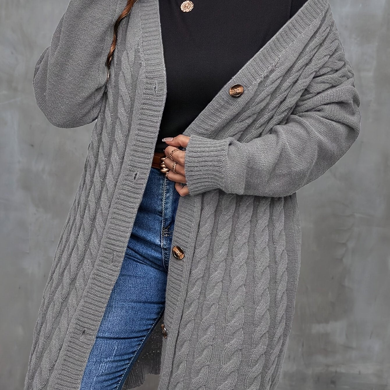 Plus Size Elegant Knit Polyester Cardigan for Fall Winter