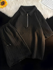 Men's Short Sleeve Jacquard Summer Suit Two-Piece Zipper Closure Casual