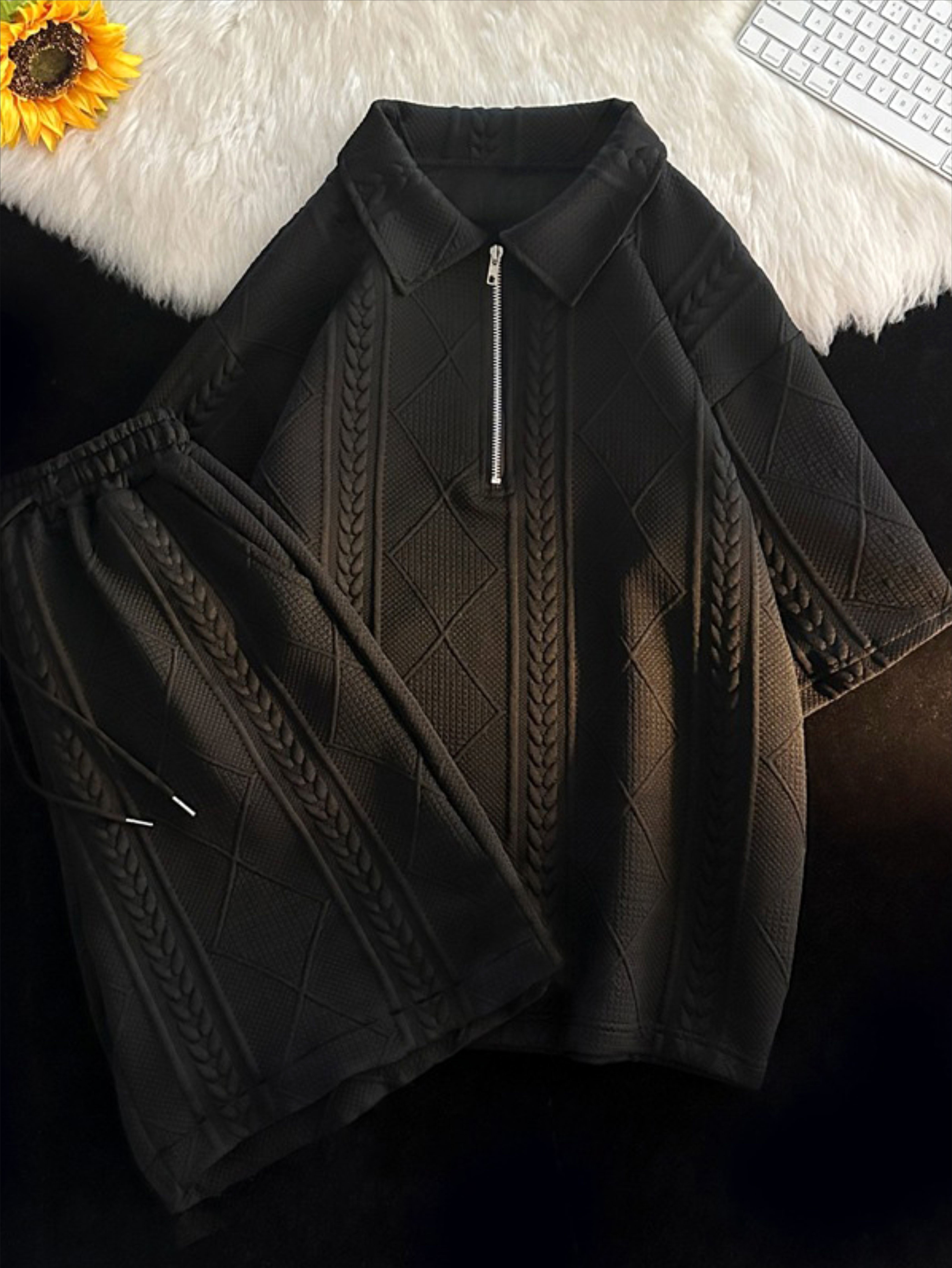 Men's Short Sleeve Jacquard Summer Suit Two-Piece Zipper Closure Casual