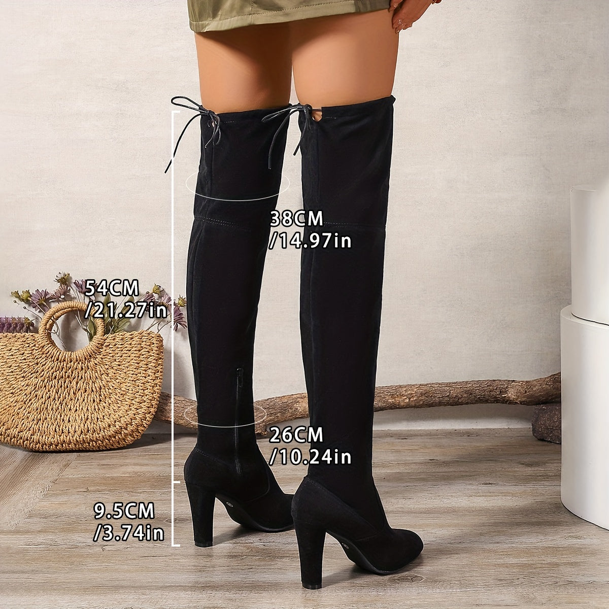 Women's Solid Color Block Heeled Boots with Side Zipper Over the Knee