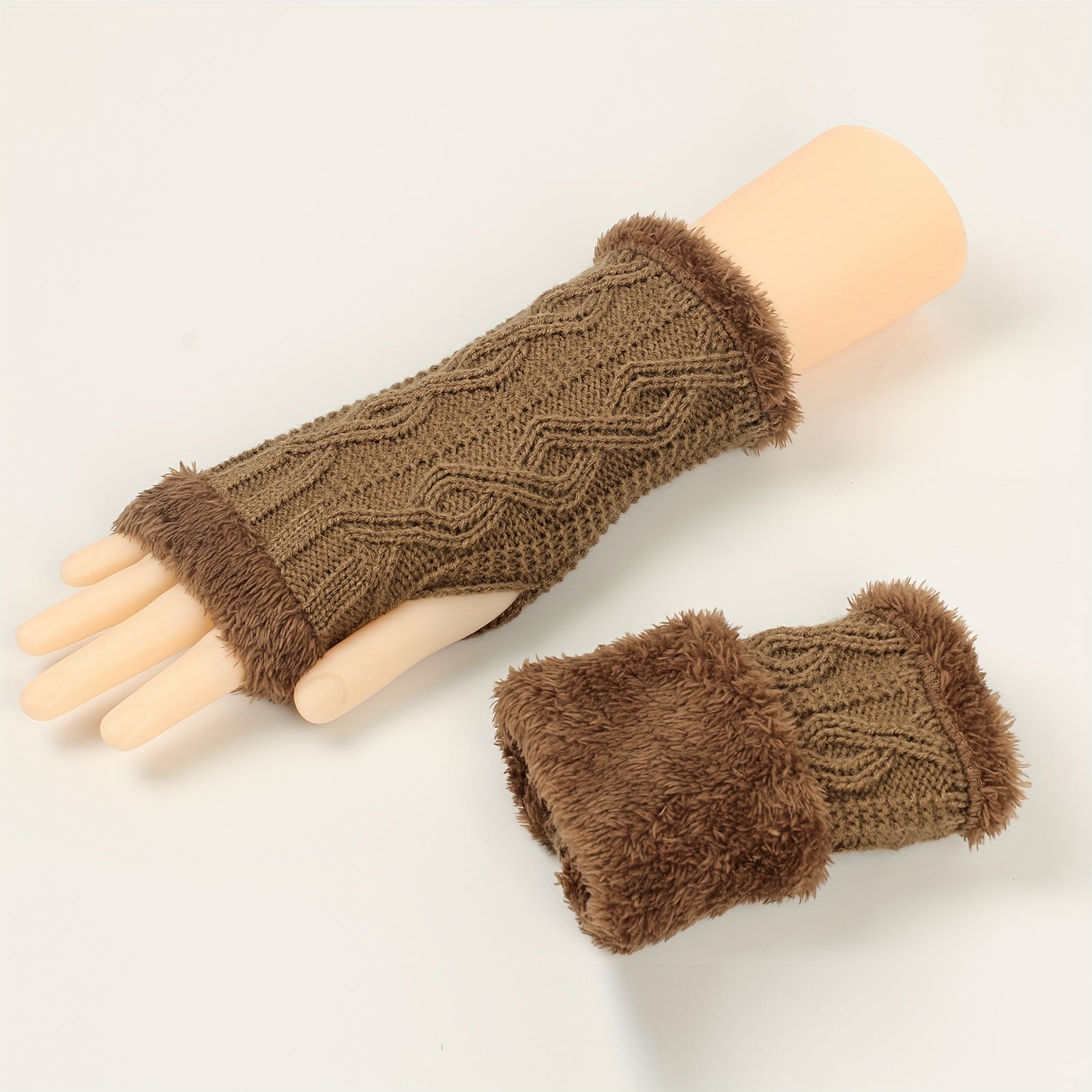 Solid Color Twist Knit Fingerless Gloves with Velvet Lining for Winter Warmth