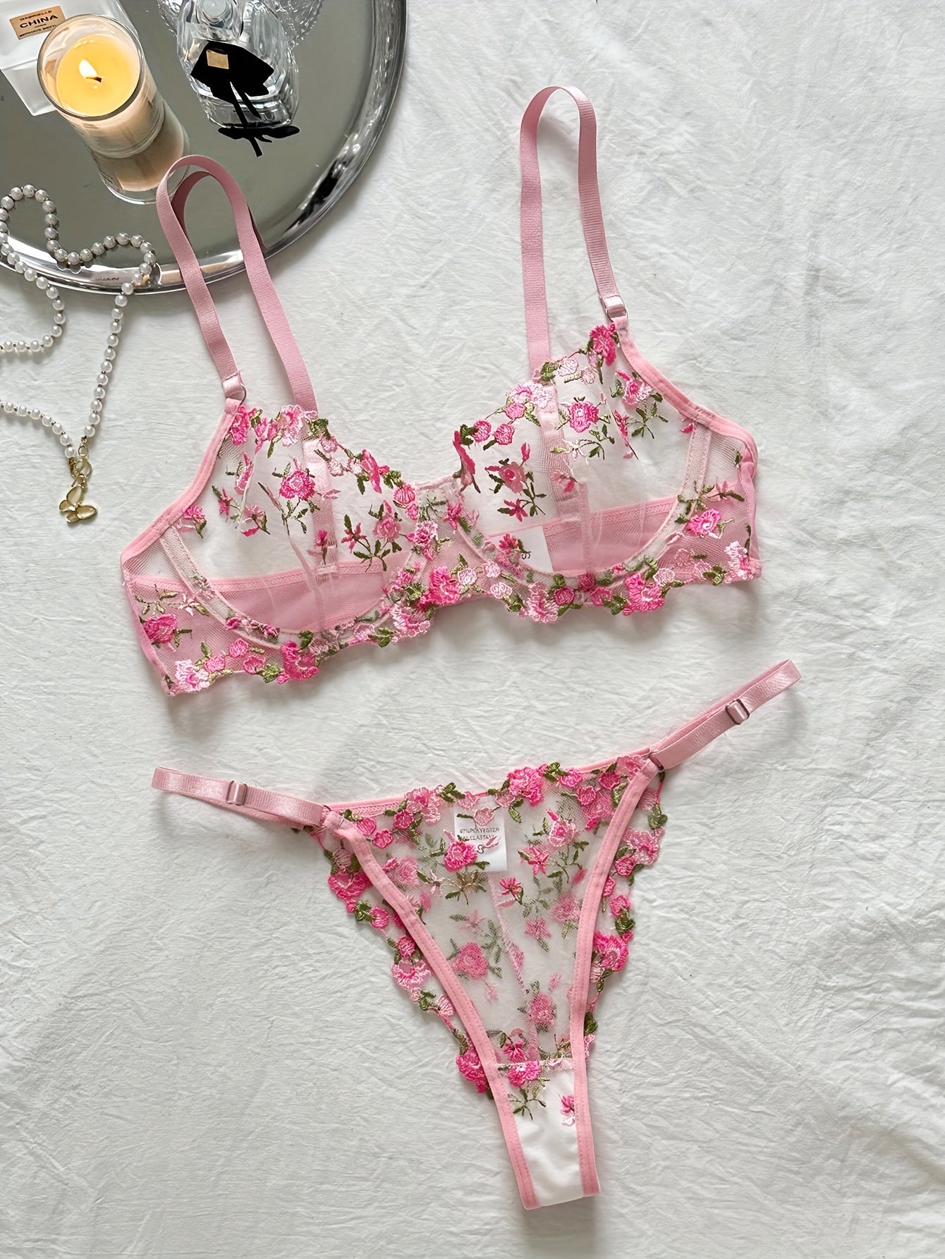 Women's Floral Embroidered Lingerie Set Mesh Unlined Bra and Sheer Thong