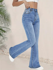 Women's High-Waist Flared Jeans in Blue Denim with Stretch and Long Length
