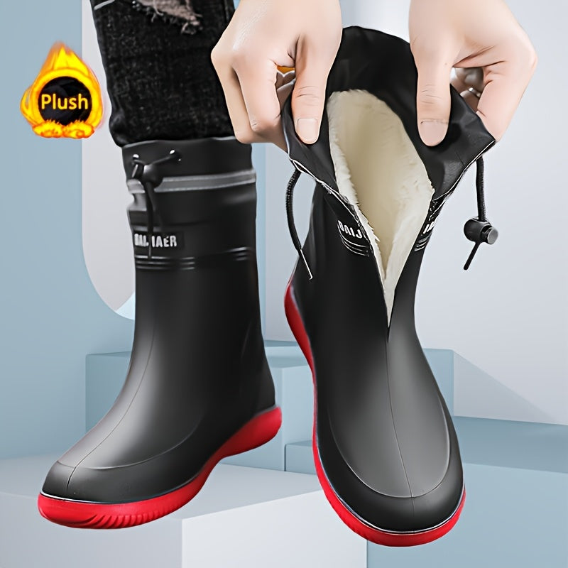 Unisex Waterproof Rain Boots with Fleece Lining Slip-Resistant for Outdoor Activities Black Gray Red Sole
