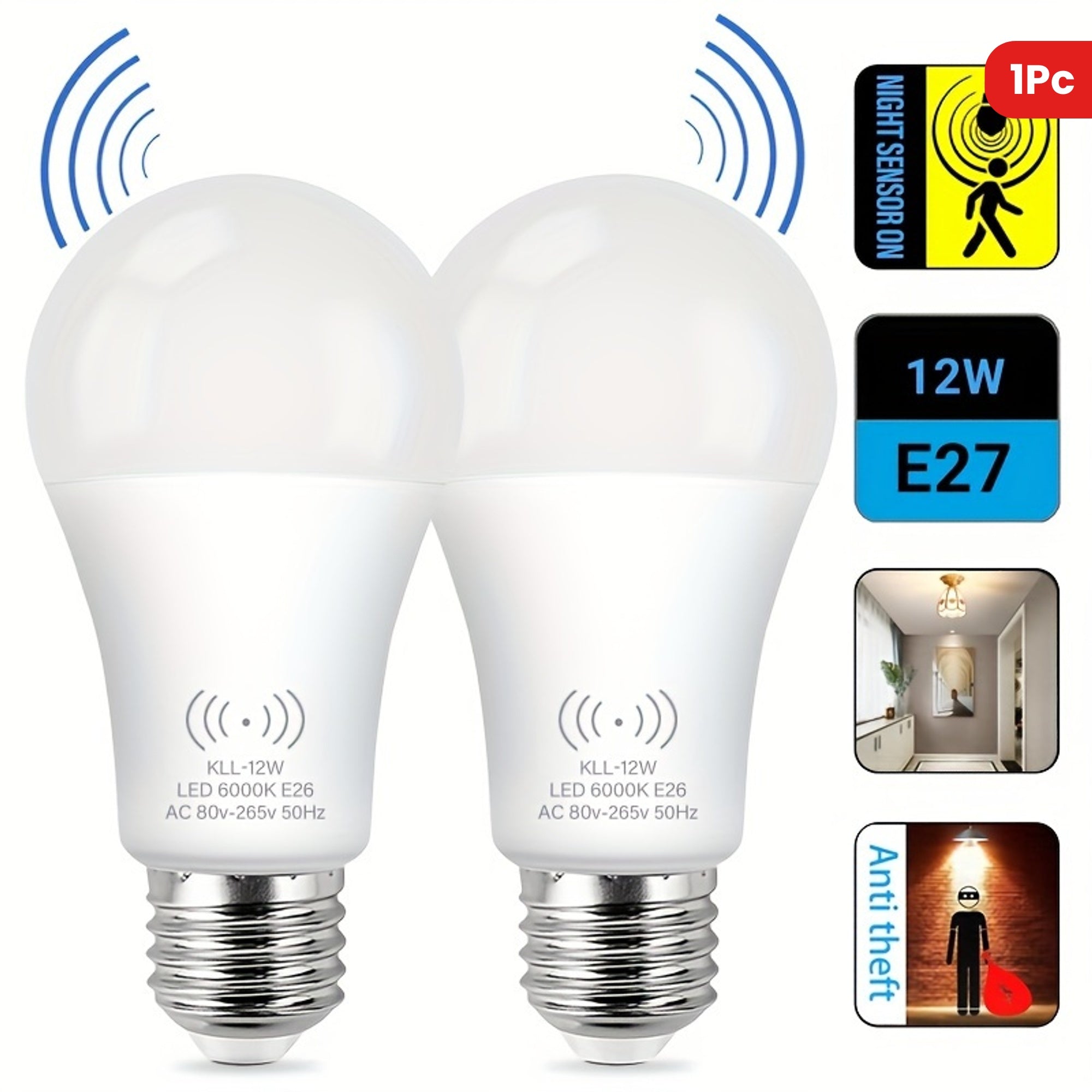 Motion Sensor LED Bulb 9W Dimmable 6000K White E26 800Lm Indoor Lighting