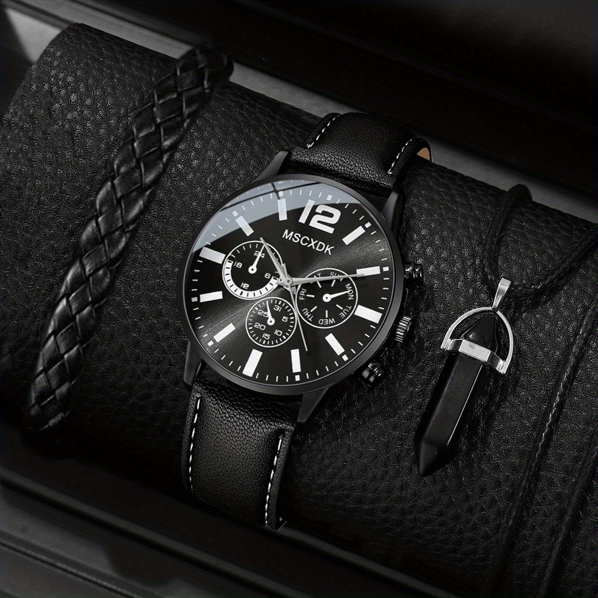 Men's Casual Jewelry Set with Quartz Watch Bracelet and Necklace