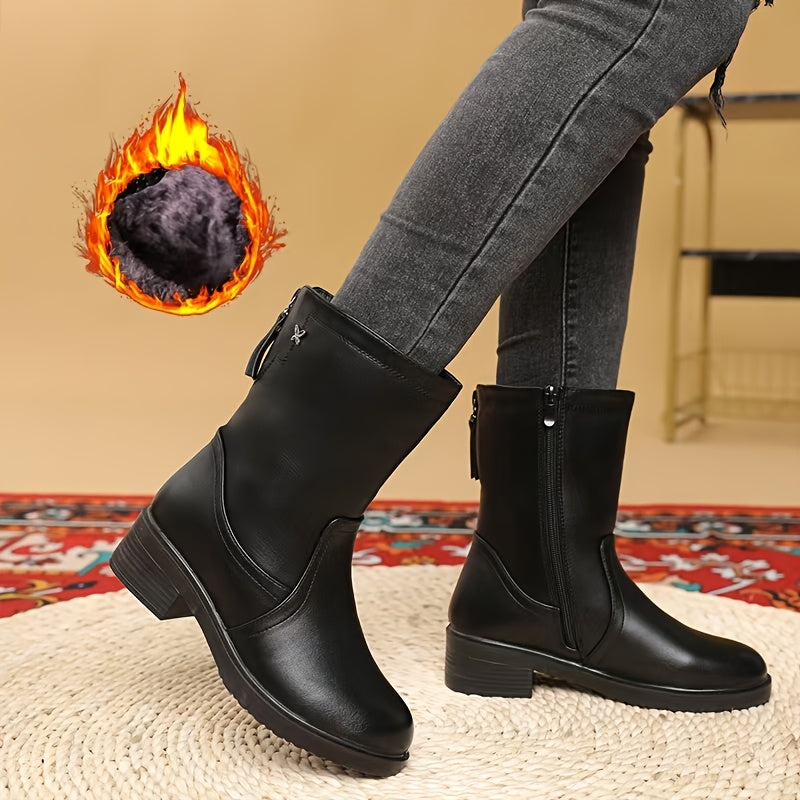 Женские черные кожаные сапоги с платформой до середины икры и застежкой-молнией