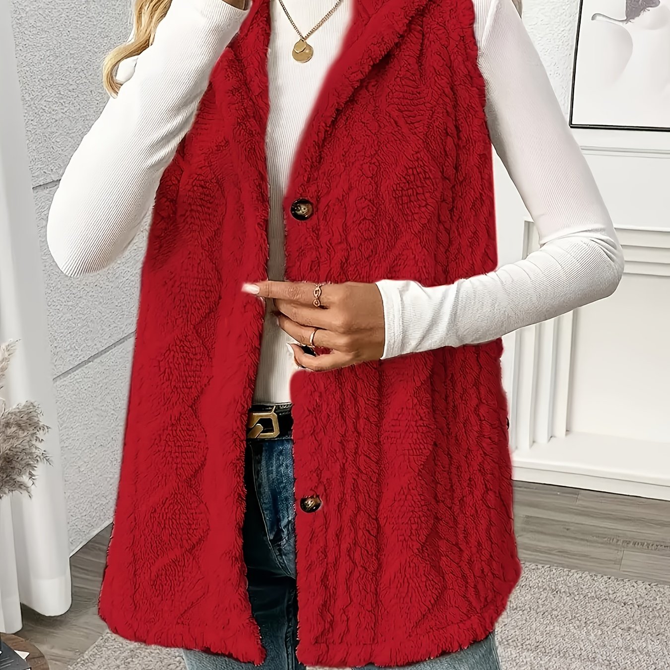 Women's Sleeveless Hooded Vest Solid Color Plush Texture Button Fall Winter Knit Fabric