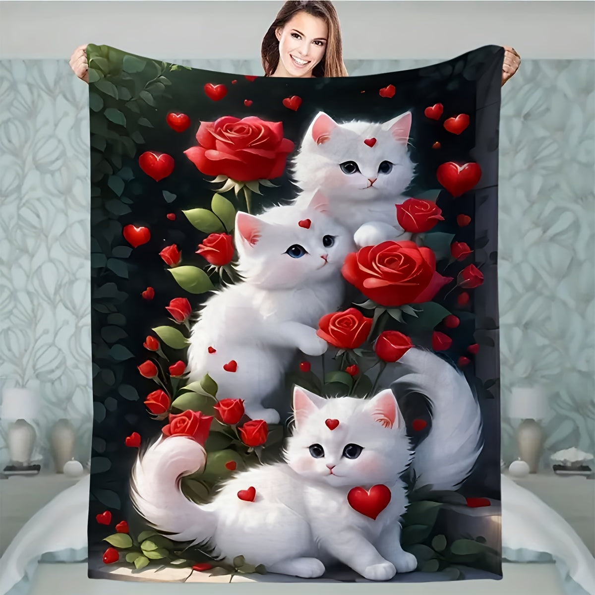 Rose Cat Flannel Throw Blanket Soft Polyester All-Season Cozy Couch Car Office Picnic Camping