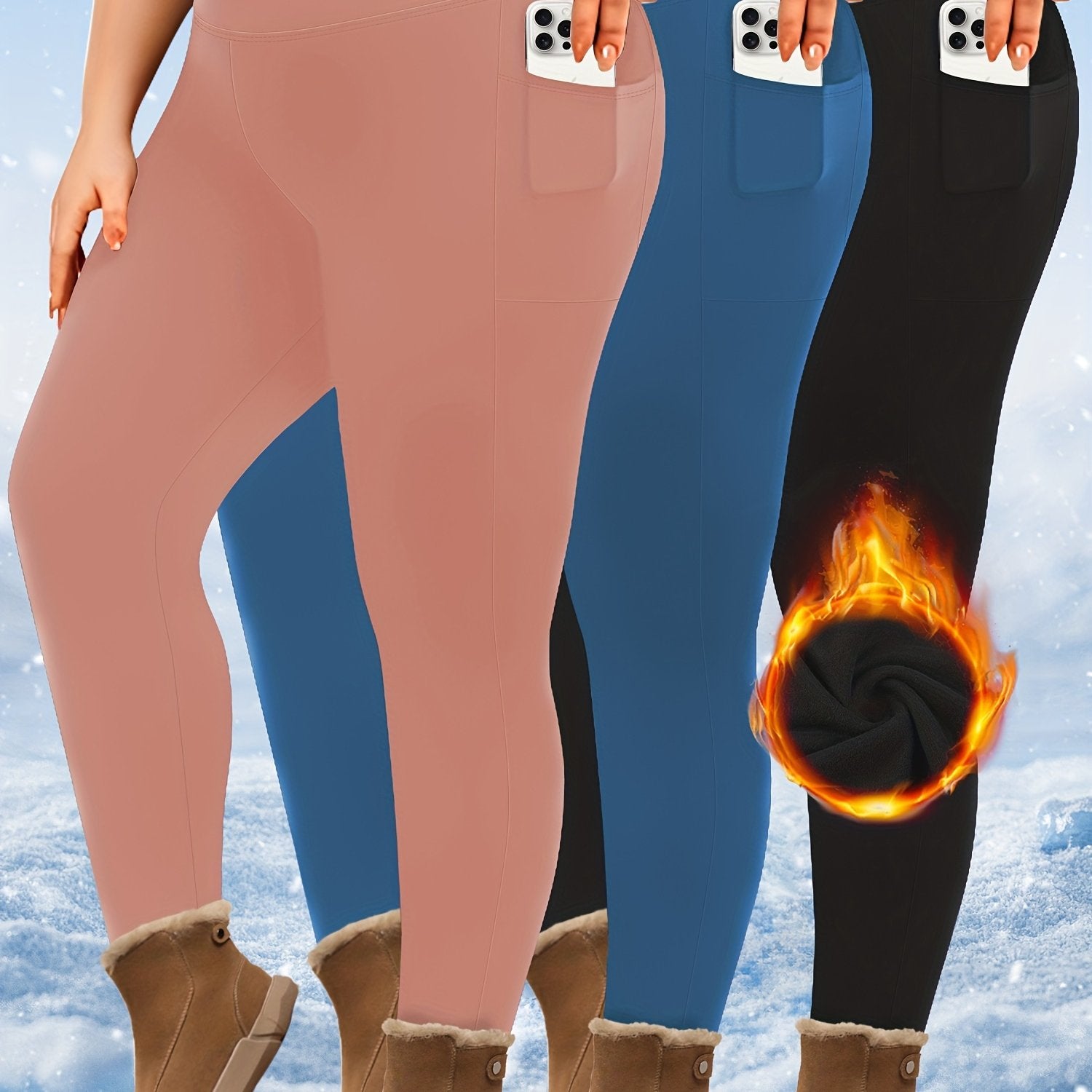 Plus Size High-Waist Fleece-Lined Leggings with Pockets for AutumnWinter Black Gray Burgundy