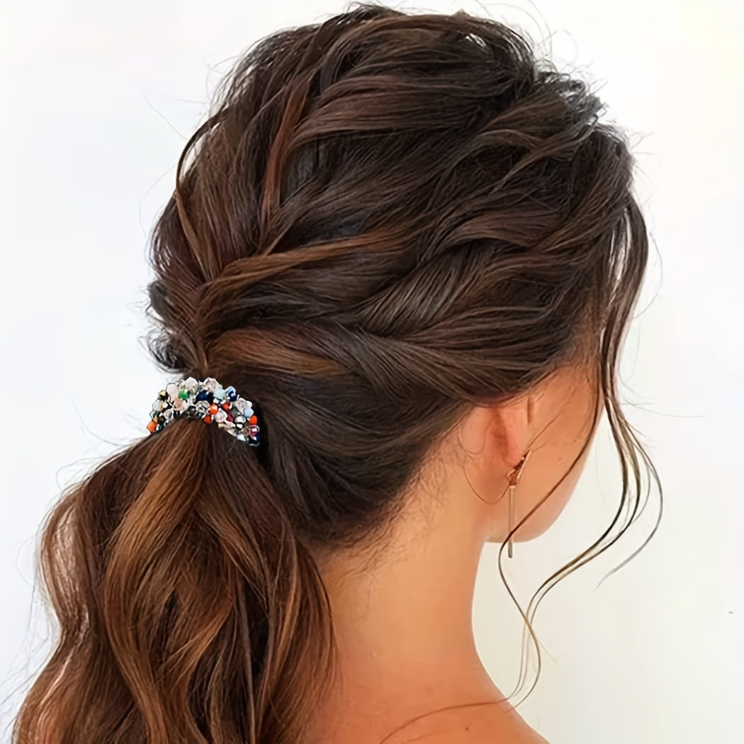 Women’s Elastic Hair Ties Set with Crystal Pearl Beaded Embellishments for Chic Ponytails and Bracelets