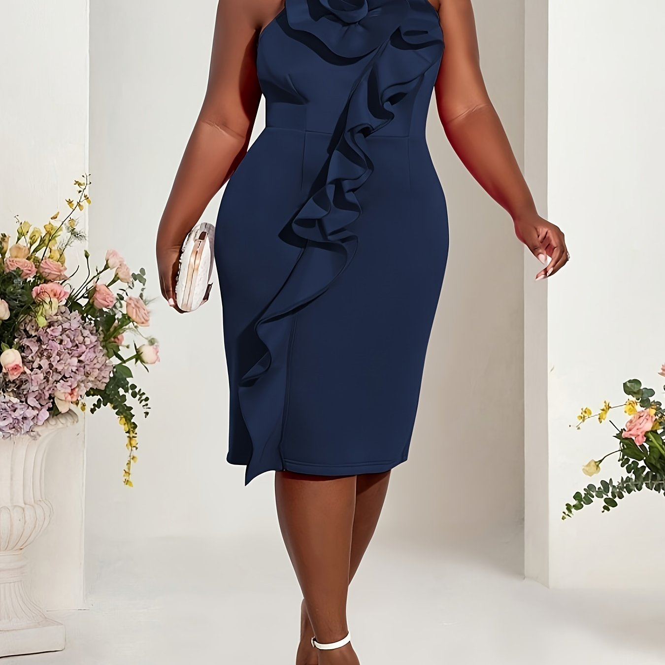 Women's Pink Floral Off-Shoulder Bodycon Evening Dress Spring Summer Sleeveless