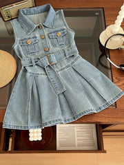 Girls Sleeveless Denim Dress with Waist Belt for Summer Casual Style