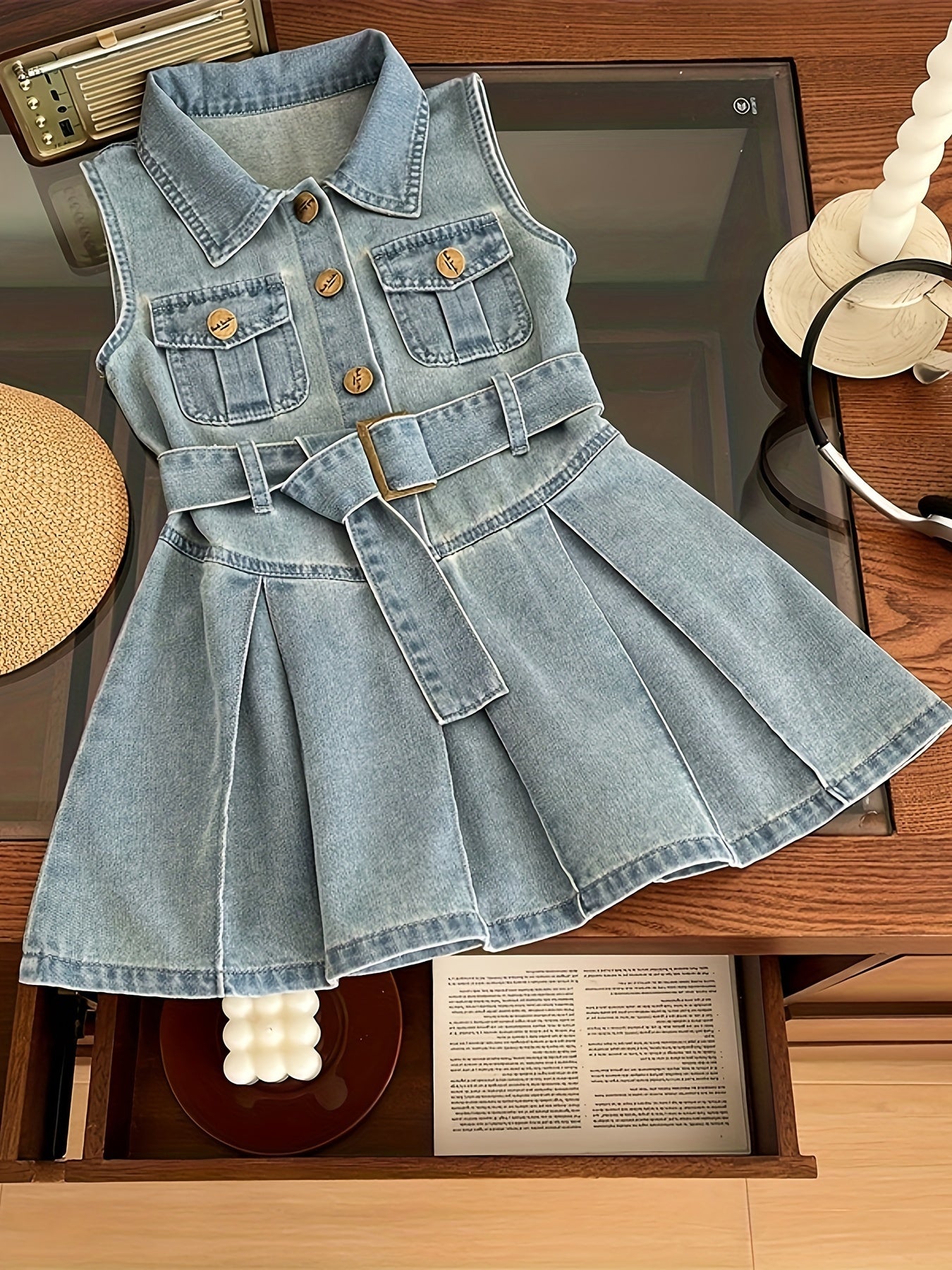 Girls Sleeveless Denim Dress with Waist Belt for Summer Casual Style
