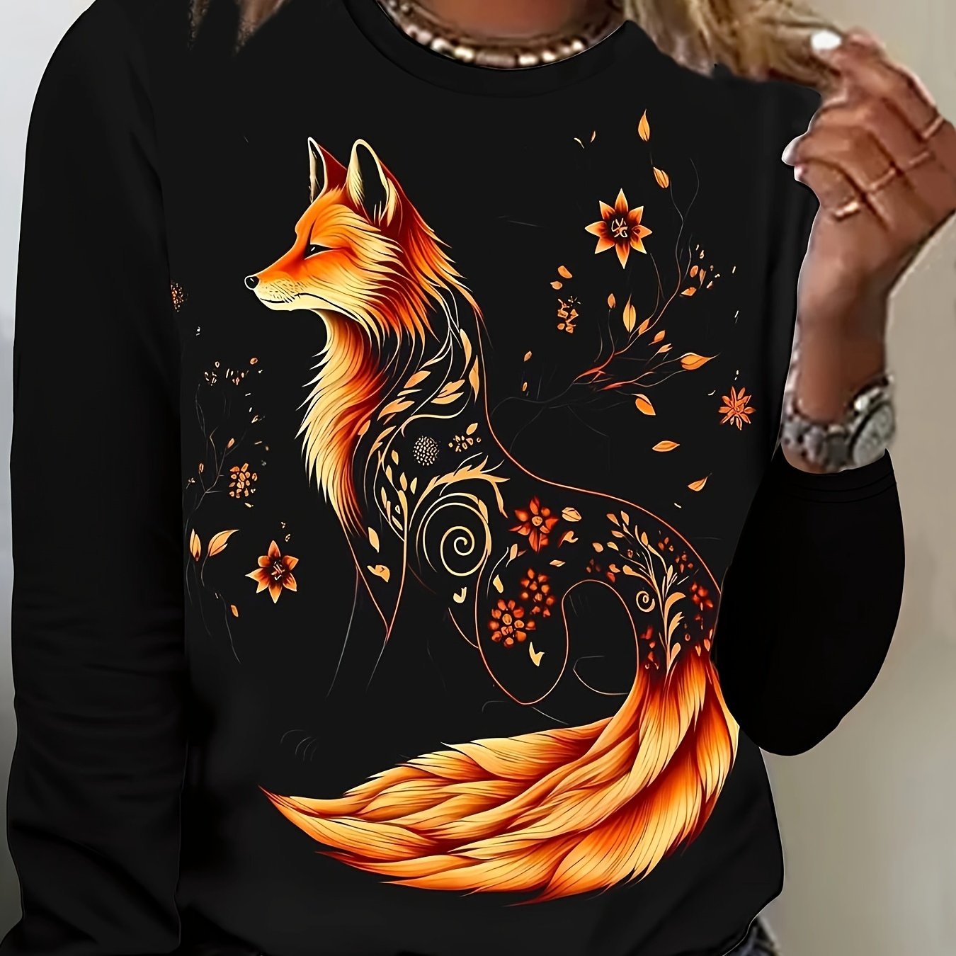 Women's Long Sleeve T-Shirt Easy-Care Floral Fox Print Spring Fall Top