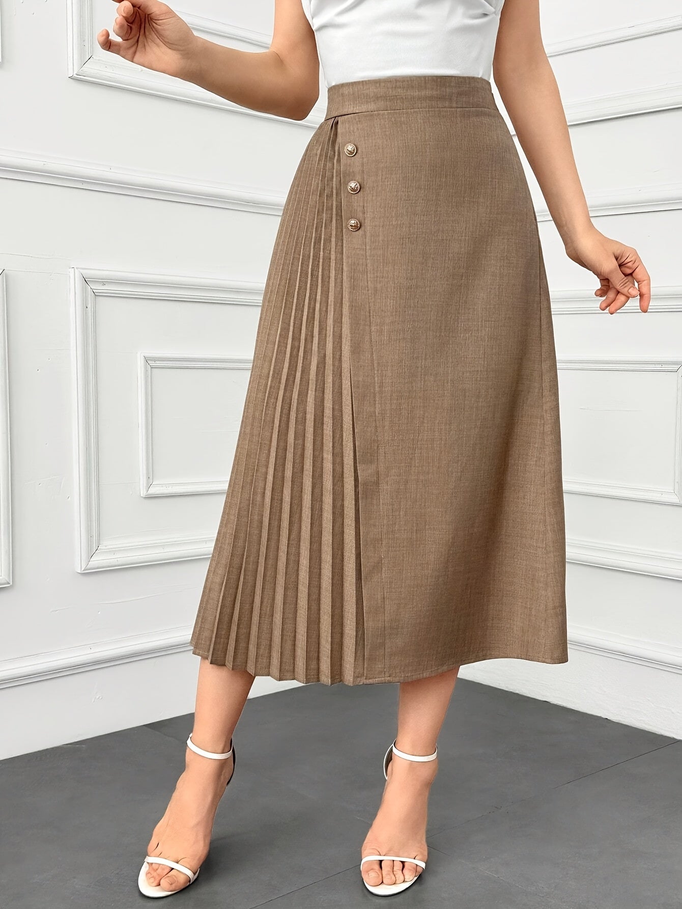 Women's Solid Color High-Waisted Pleated Midi Skirt with Button Front