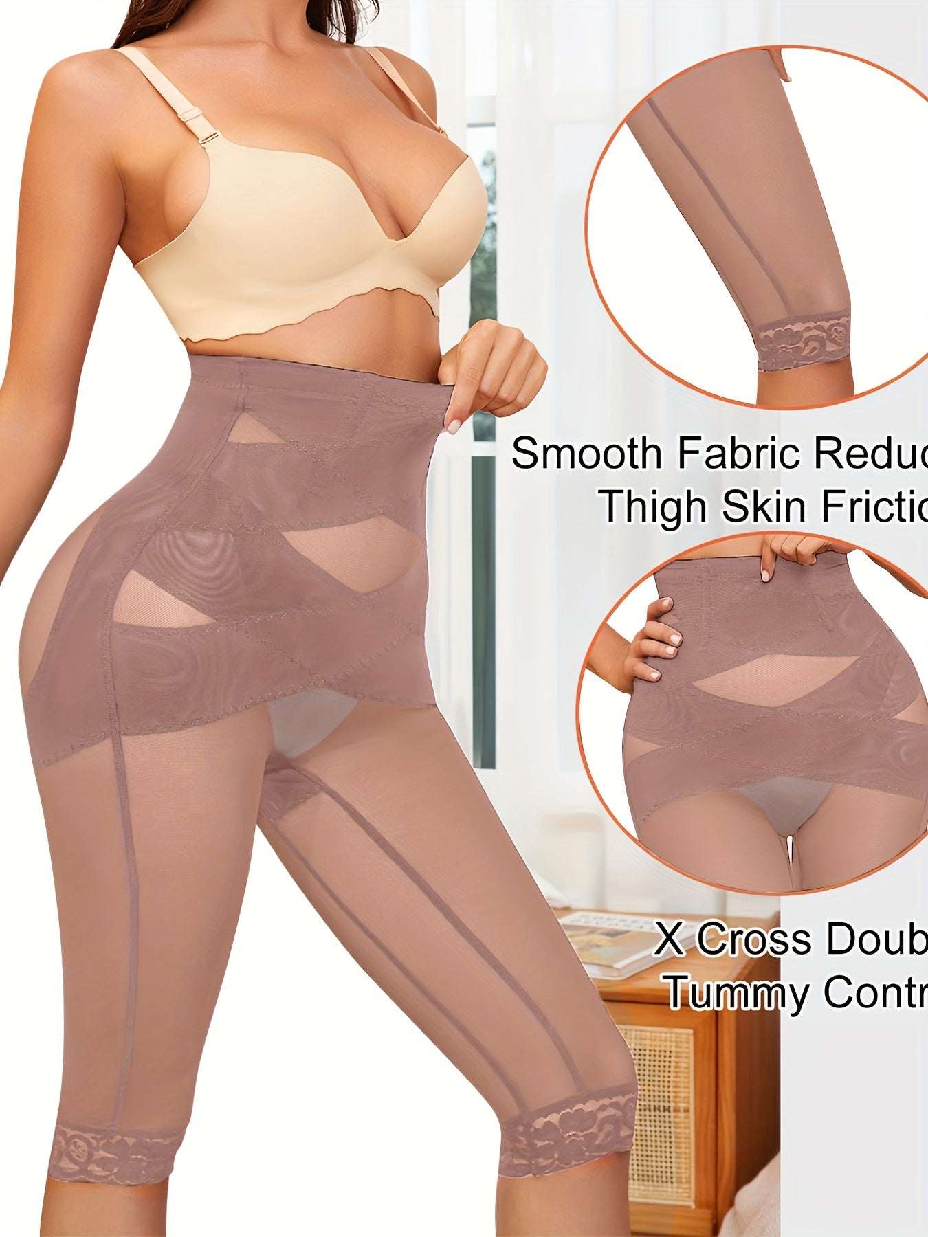 Pantalones moldeadores de cintura alta para mujer con diseño de encaje semi-transparente que levanta las glúteos para uso diario