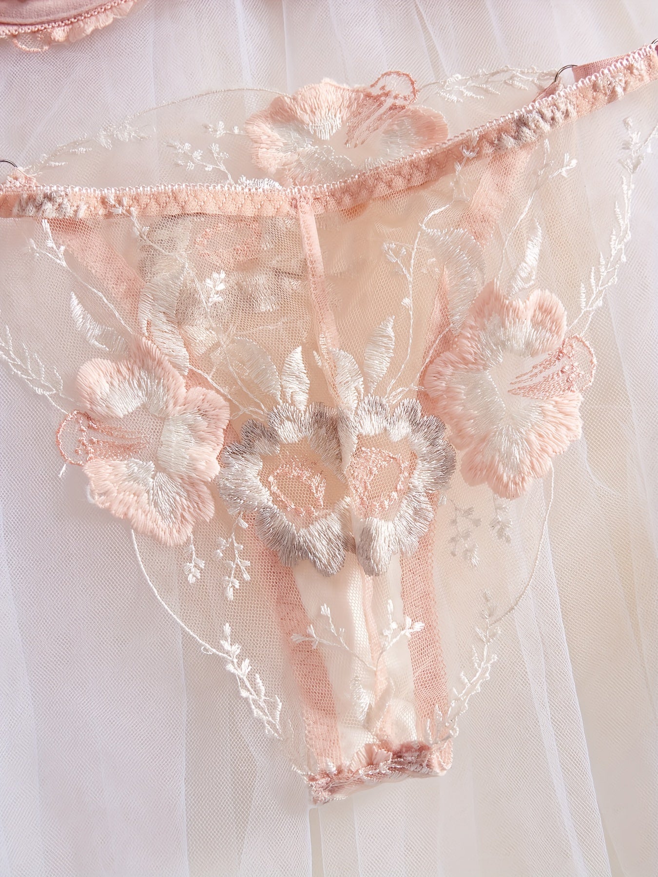 Women's Floral Lace Lingerie Set with Semi-Sheer Bra and Thong