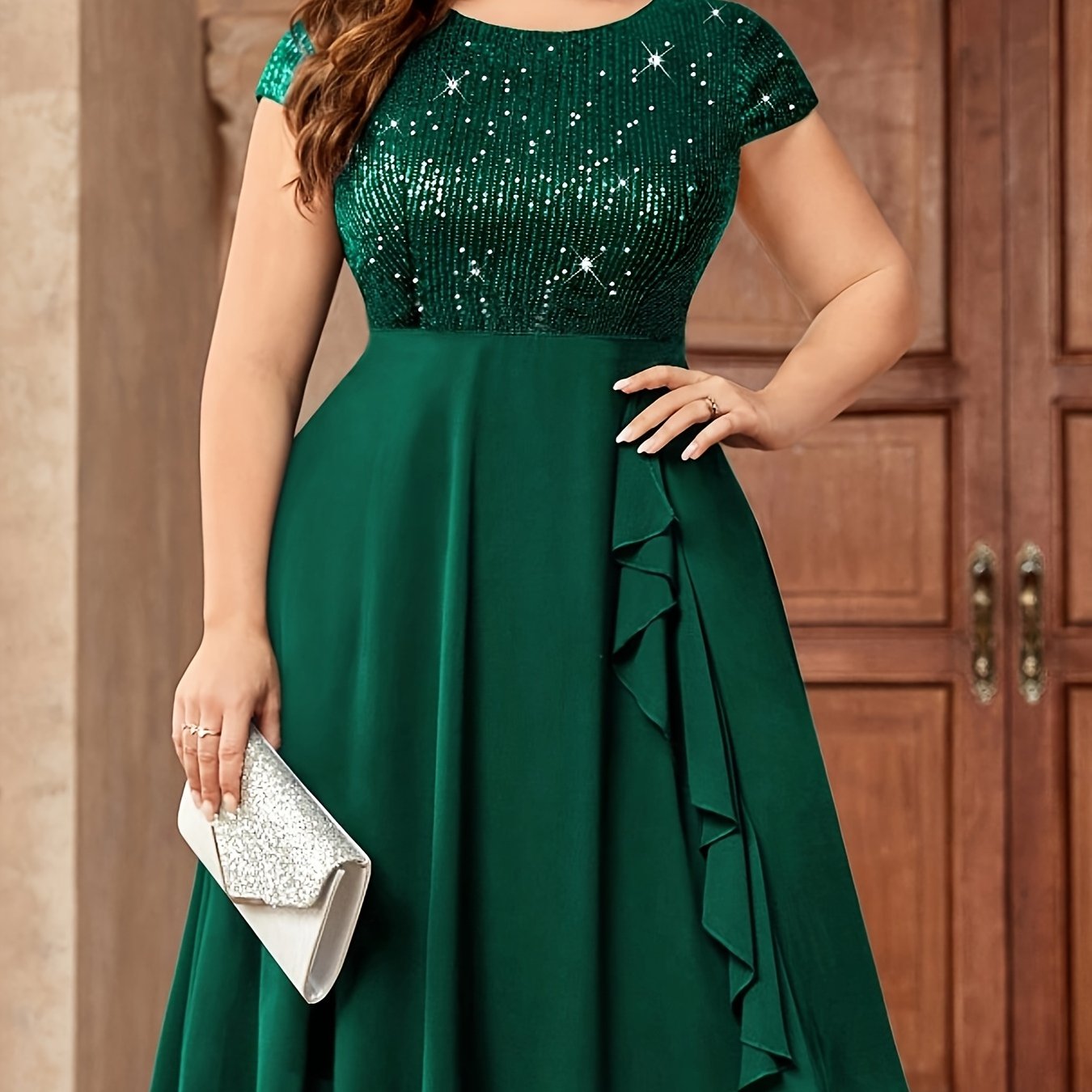 Plus Size Women's Chiffon Dress with Sequin Patchwork