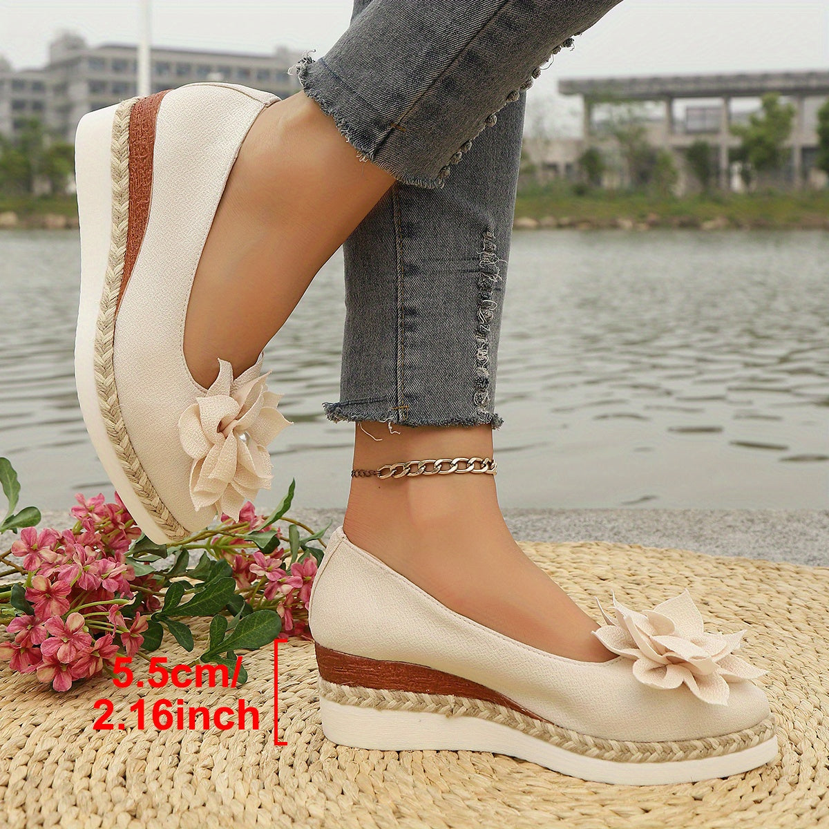 Women's Floral Embellished Pointed Toe Wedge Shoes with Cushioned Sole
