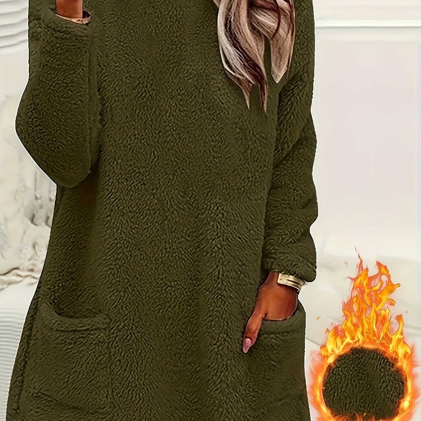 Women's Fleece Lounge Top with Pockets Crew Neck Fall Winter Solid