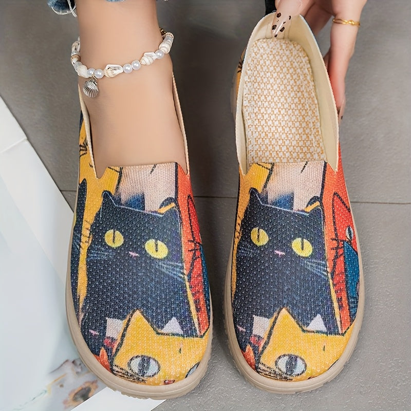 Women's Casual Cloth Flat Shoes with Kitten Pattern Slip-On Comfortable Flats