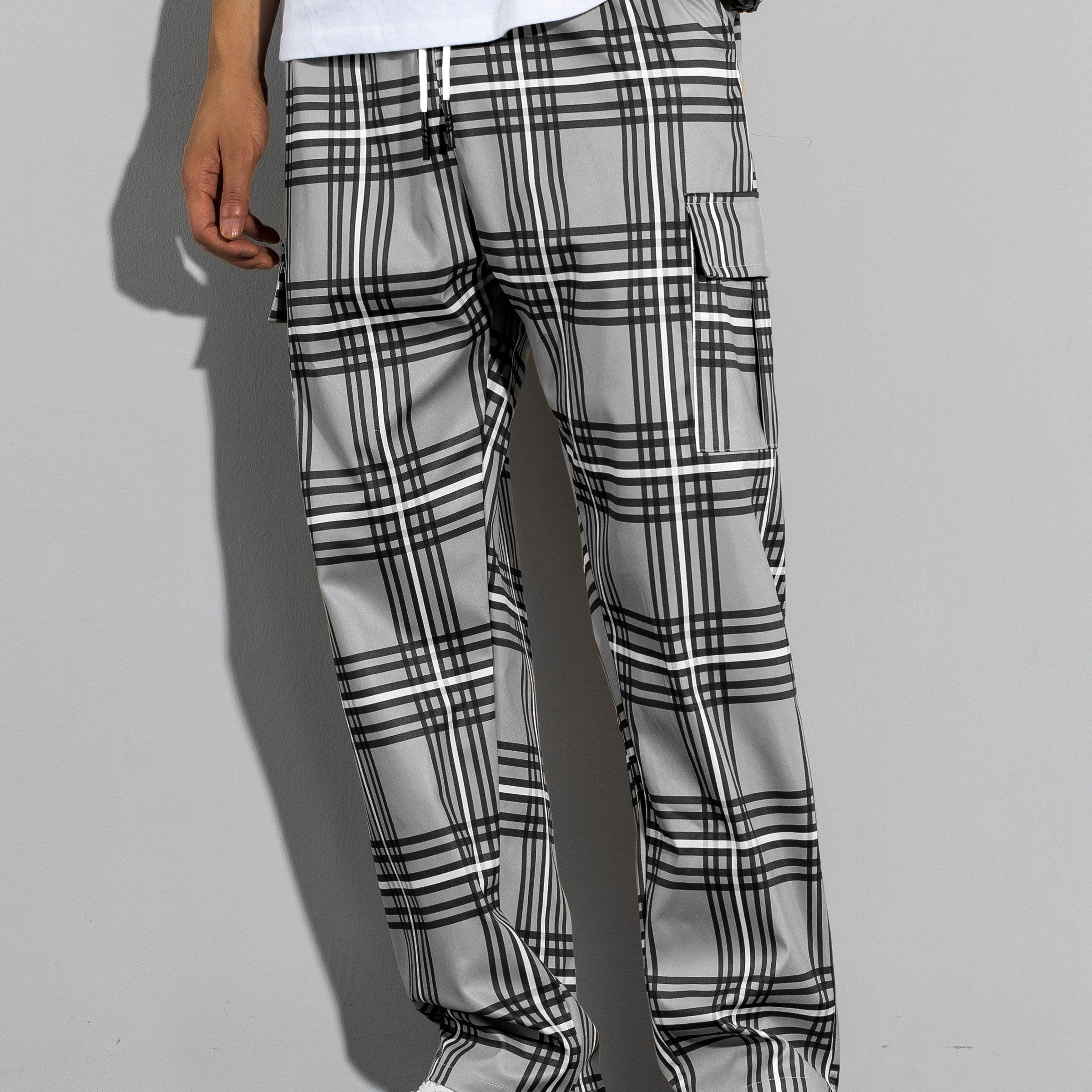 Adult Plaid Cargo Pants with Multiple Pockets and Slight Stretch Fabric